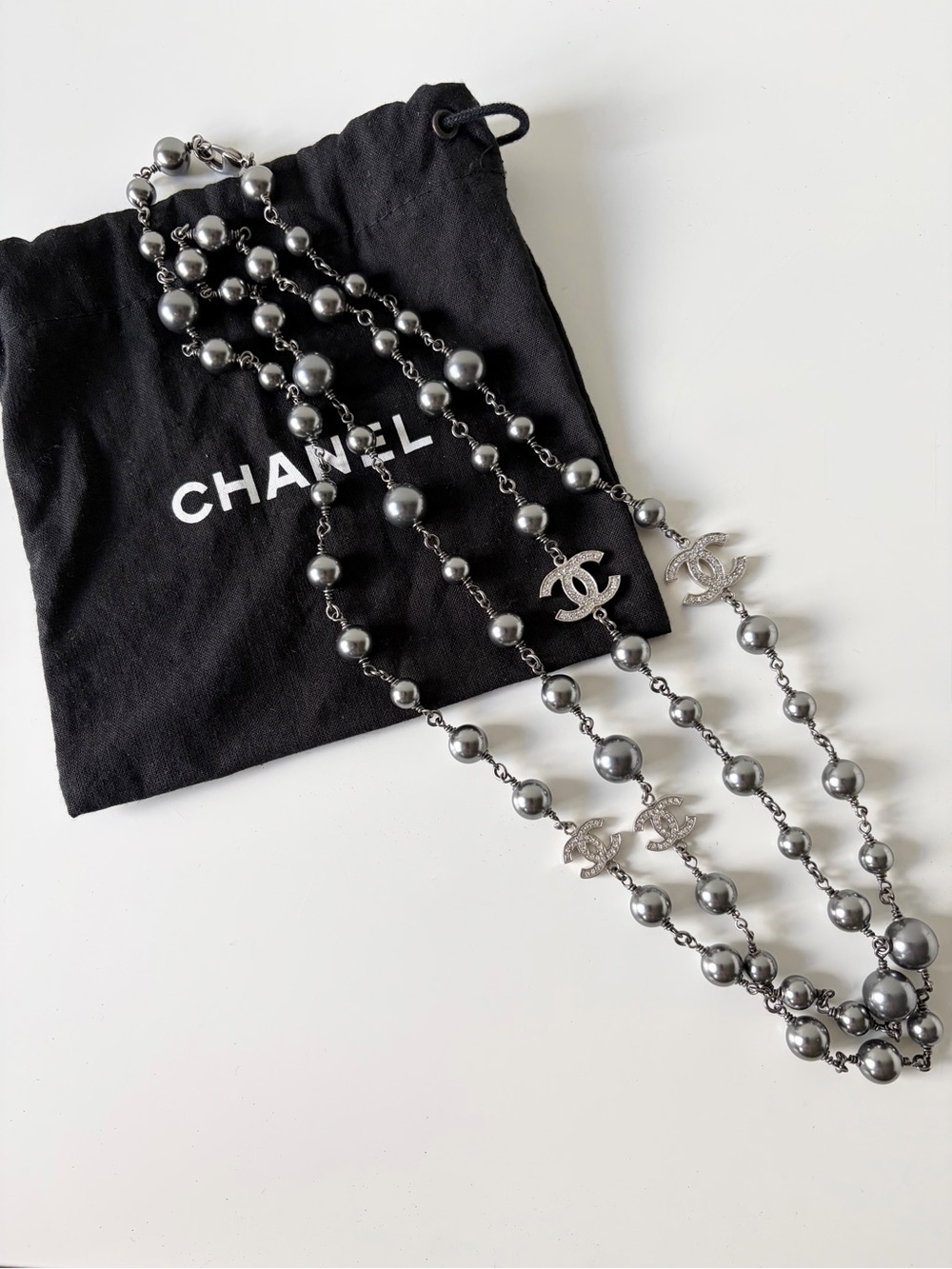 Chanel Grey Pearl CC Logo Long Necklace – Ruthenium Tone Crystal Accents